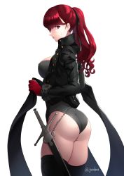 Rule 34 | 1girl, absurdres, alternate breast size, artist name, ass, black jacket, black leotard, black ribbon, black thighhighs, breasts, chain, closed mouth, coattails, frilled cuffs, from side, glaring, gloves, hair ribbon, highres, holstered, igusaharu, jacket, large breasts, leotard, lips, long hair, looking at viewer, persona, persona 5, persona 5 the royal, ponytail, red eyes, red gloves, red hair, ribbon, sheath, sheathed, simple background, solo, sweatdrop, sword, thighhighs, weapon, white background, yoshizawa kasumi