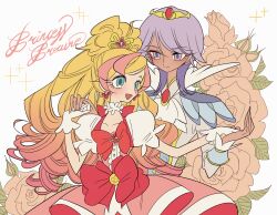 Rule 34 | 1boy, 1girl, bishounen, blonde hair, blue eyes, bow, commentary request, copyright name, cowboy shot, crown, cure flora, dark-skinned male, dark skin, dress, earrings, floral background, gloves, go! princess precure, haruno haruka, holding hands, jacket, jewelry, long hair, looking at another, magical girl, meremero, multicolored hair, open mouth, pink bow, pink dress, pink hair, precure, prince, prince kanata, puffy short sleeves, puffy sleeves, purple eyes, purple hair, short sleeves, smile, sparkle, standing, streaked hair, very long hair, waist bow, white gloves, white jacket