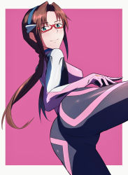 Rule 34 | 1girl, ass, bad id, bad pixiv id, blush, bodysuit, breasts, brown hair, evangelion: 3.0 you can (not) redo, glasses, green eyes, hairband, hand on own thigh, highres, long hair, looking at viewer, makinami mari illustrious, medium breasts, neon genesis evangelion, outside border, pink bodysuit, plugsuit, rebuild of evangelion, red-framed eyewear, smile, solo, thighs, twintails, yakisobaosu