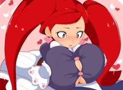 Rule 34 | 1girl, ass, blush, boku no hero academia, breasts squeezed together, breasts, button gap, cleavage, corset, earrings, eyeliner, gentle criminal, gloves, huge breasts, jellcaps, jewelry, la brava, long twintails, makeup, pink eyes, puffy pants, red hair, shortstack, twintails