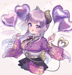 Rule 34 | 1girl, balloon, black sash, blunt bangs, blush, breasts, brown horns, commentary request, confetti, cowboy shot, cropped legs, dated, demon girl, demon horns, demon tail, fingernails, floral print, gem, happy birthday, heart balloon, highres, horns, japanese clothes, kimono, kuzuhana, large breasts, long hair, long sleeves, looking at viewer, medium bangs, mole, mole under mouth, nail polish, nanashi inc., obi, open mouth, pearl (gemstone), pointy ears, print kimono, purple brooch, purple eyes, purple hair, purple kimono, purple nails, saionji mary, sash, smile, solo, tail, virtual youtuber, wide sleeves