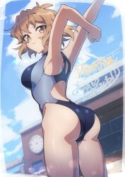 Rule 34 | 1girl, arms up, ass, blue one-piece swimsuit, breasts, brown hair, competition swimsuit, from behind, highleg, highleg swimsuit, highres, looking at viewer, looking back, lydian academy swimsuit, medium breasts, one-piece swimsuit, orange eyes, outdoors, senki zesshou symphogear, senki zesshou symphogear xd unlimited, shiny clothes, shiny skin, short hair, solo, standing, swimsuit, tachibana hibiki (symphogear), tachibana hibiki (symphogear) (another), yukitsuba hina