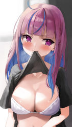 Rule 34 | 1girl, absurdres, ahoge, black shirt, blue hair, blunt bangs, blurry, blurry background, blush, bra, breasts, breath, cleavage, closed mouth, clothes in mouth, clothes lift, collarbone, colored inner hair, furrowed brow, highres, hololive, large breasts, lifting own clothes, looking to the side, minato aqua, mouth hold, multicolored hair, nagomi naka, pink eyes, pink hair, shirt, shirt in mouth, shirt lift, solo, streaked hair, sweatdrop, t-shirt, two-tone hair, underwear, upper body, virtual youtuber, white bra