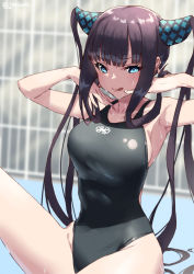 Rule 34 | 1girl, bare shoulders, black one-piece swimsuit, blue eyes, blunt bangs, blush, breasts, closed mouth, fate/grand order, fate (series), hair ornament, hands up, jonsun, knee up, large breasts, licking lips, long hair, looking at viewer, one-piece swimsuit, purple hair, sidelocks, sitting, solo, swimsuit, thighs, tongue, tongue out, twintails, very long hair, wet, yang guifei (fate), yang guifei (second ascension) (fate)