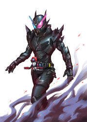 Rule 34 | 1boy, armor, black armor, black background, blue eyes, build driver, compound eyes, cowboy shot, driver (kamen rider), hazard trigger, heterochromia, highres, kamen rider, kamen rider build, kamen rider build (series), looking at viewer, male focus, rabbit+tank form (black hazard), red eyes, science fiction, shoulder armor, simple background, solo, steam, steaming body, upper body, walking, wang peihao, white background