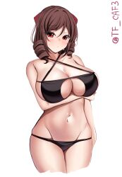 Rule 34 | 1girl, alternate breast size, alternate costume, black bra, black panties, blush, bow, bra, breasts, brown hair, collarbone, cowboy shot, drill hair, hair between eyes, hair bow, harukaze (kancolle), highres, kantai collection, large breasts, legs together, long hair, looking at viewer, one-hour drawing challenge, panties, red eyes, simple background, smile, solo, tf cafe, twin drills, twitter username, underwear