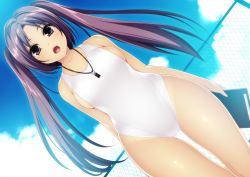 Rule 34 | 1girl, blue sky, breasts, chain-link fence, clipboard, collarbone, day, dutch angle, fence, from below, gluteal fold, highres, kinoshita ichi, long hair, medium breasts, non-web source, one-piece swimsuit, open mouth, original, purple eyes, purple hair, sideboob, sky, solo, swimsuit, twintails, whistle, white one-piece swimsuit