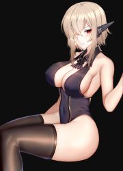 Rule 34 | 1girl, black leotard, black thighhighs, blonde hair, blue oath, breasts, collarbone, covered navel, cross, headgear, highres, iron cross, kitsune udon (ai br), large breasts, leotard, prinz eugen (blue oath), red eyes, short hair with long locks, sidelocks, sitting, smile, solo, thighhighs