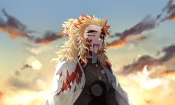 Rule 34 | 1boy, :d, black jacket, blonde hair, blood, blood on clothes, blood on face, blurry, blurry background, cloud, closed eyes, forked eyebrows, haori, highres, jacket, japanese clothes, kimetsu no yaiba, male focus, multicolored hair, mutsu (621300), open mouth, orange hair, rengoku kyoujurou, smile, solo, sunrise, two-tone hair