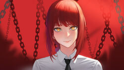 Rule 34 | 1girl, absurdres, black necktie, blush, chain, chainsaw man, closed mouth, collared shirt, highres, light y, looking at viewer, makima (chainsaw man), medium hair, necktie, portrait, red background, red hair, shirt, smile, solo, straight hair, white shirt, wing collar, yellow eyes