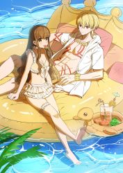 Rule 34 | 1boy, 1girl, absurdres, afloat, bikini, blonde hair, brown eyes, brown hair, chunzisame, commentary request, cup, drinking glass, drinking straw, earrings, fate/extra, fate/extra ccc, fate (series), food, food-themed earrings, food themed earrings, frilled bikini, frills, fruit, gilgamesh (fate), highres, hood, hoodie, inflatable duck, jewelry, kishinami hakuno (female), long hair, open clothes, open hoodie, orange (fruit), popsicle, red eyes, strawberry earrings, swimsuit, tattoo, thigh strap, water, watermelon bar, yellow bikini