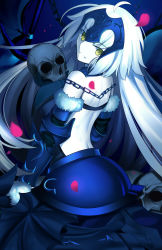 Rule 34 | 1girl, absurdres, ahoge, bare back, black gloves, detached sleeves, fate/grand order, fate (series), floating hair, gloves, green eyes, head tilt, highres, holding, holding skull, jeanne d&#039;arc (fate), jeanne d&#039;arc alter (avenger) (fate), jeanne d&#039;arc alter (avenger) (third ascension) (fate), jeanne d&#039;arc alter (fate), kneeling, long hair, looking at viewer, looking back, paperfinger, parted lips, petals, silver hair, skull, smile, solo, very long hair