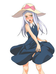 Rule 34 | 00s, 1girl, a1 (initial-g), bare shoulders, blush, dress, embarrassed, fangs, flat chest, gundam, gundam 00, hat, long hair, open mouth, silver hair, simple background, solo, soma peries, yellow eyes