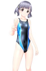 Rule 34 | 1girl, absurdres, black eyes, black one-piece swimsuit, blunt bangs, breasts, cameltoe, cleft of venus, clothes writing, collarbone, competition swimsuit, contrapposto, covered navel, cowboy shot, grey hair, highres, kantai collection, looking at viewer, one-piece swimsuit, ooshio (kancolle), short hair, simple background, small breasts, solo, standing, swimsuit, takafumi, twintails, v, white background