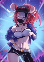 Rule 34 | 1girl, absurdres, alternate costume, alternate hairstyle, animal ear fluff, animal ears, asymmetrical clothes, bandeau, baseball cap, black hair, black jacket, black mask, black pants, bracelet, breasts, cafelittle, choker, cleavage, clothes lift, contrapposto, hair between eyes, hakos baelz, hat, high ponytail, highres, hololive, hololive english, jacket, jewelry, key, key necklace, large breasts, leather, leather pants, looking at viewer, mask, medium breasts, midriff, mouse ears, mouse girl, mouse tail, mouth mask, multicolored hair, navel, necklace, off shoulder, pants, raised eyebrow, red hair, shirt lift, single bare shoulder, single pantsleg, solo, spiked choker, spikes, stomach, strapless, streaked hair, swept bangs, tail, tube top, unaligned breasts, virtual youtuber, white bandeau, white hair, white tube top, wide ponytail