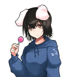Rule 34 | 1girl, absurdres, alternate costume, animal ears, black hair, black outline, blue hoodie, blush, brown eyes, candy, commentary request, floppy ears, food, hair between eyes, highres, holding, holding candy, holding food, holding lollipop, hood, hoodie, inaba tewi, lollipop, looking at viewer, outline, parted lips, rabbit ears, short hair, simple background, solo, touhou, upper body, white background, yagoro kusuriya