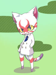 Rule 34 | 1boy, angry, animal crossing, blue necktie, blue pupils, cat boy, collared shirt, formal, full body, furry, furry male, green background, hands in pockets, kabuki (animal crossing), male focus, mitsumame-net, necktie, nintendo, no nose, shirt, solo, standing, suit, white fur, white shirt, white suit