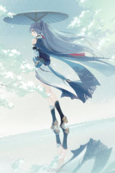 Rule 34 | 1girl, arm behind back, black footwear, blue cape, blue eyes, blue sky, boots, cape, character request, clothing cutout, day, detached sleeves, dress, dutch angle, earrings, from behind, fu hua, fu hua (azure empyrea), full body, highres, holding, holding umbrella, honkai (series), honkai impact 3rd, jewelry, knee boots, long hair, long sleeves, looking at viewer, looking back, oil-paper umbrella, outdoors, profile, reflection, rj (lingshih10), shoulder cutout, silver hair, sky, solo, straight hair, tassel, tassel earrings, tree, umbrella, very long hair, walking, weibo watermark, white dress, wide sleeves
