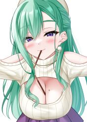 Rule 34 | 1girl, bent over, between breasts, blush, breasts, cleavage, cleavage cutout, clothing cutout, ear piercing, earrings, food, food between breasts, food in mouth, green hair, hanging breasts, hat, highres, hisame shiki, holding, holding food, holding pocky, jewelry, large breasts, long hair, looking at viewer, meme attire, mole, mole on breast, mouth hold, open-chest sweater, outstretched arms, piercing, pleated skirt, pocky, pocky in mouth, pom pom (clothes), pom pom earrings, purple eyes, purple skirt, ribbed sweater, shoulder cutout, skirt, solo, sweater, swept bangs, turtleneck, turtleneck sweater, very long hair, virtual youtuber, vspo!, white background, white hat, white sweater, yakumo beni, yakumo beni (3rd costume)