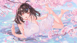 Rule 34 | 1girl, :d, ahoge, alternate costume, atdan, azur lane, bare arms, bare shoulders, barefoot, branch, breasts, brown hair, cherry blossoms, dress, earrings, feet, flower, hair ornament, halter dress, halterneck, highres, independence (azur lane), jewelry, large breasts, legs up, long hair, looking at viewer, lying, mole, neck ribbon, on stomach, open mouth, petals, pink flower, red eyes, ribbon, see-through, sleeveless, sleeveless dress, smile, soles, solo, the pose, thighs, toes, water, wet, wet clothes, wet dress, white dress