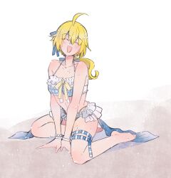 Rule 34 | 1girl, :d, ^ ^, ahoge, amano soraha, assault lily, bare arms, bare shoulders, barefoot, beach, bikini, blonde hair, blue bikini, blue ribbon, blush, breasts, closed eyes, collarbone, facing viewer, frilled bikini, frills, full body, hair between eyes, hair ribbon, halterneck, hand on ground, head tilt, highres, light particles, long hair, low ponytail, medium breasts, multi-strapped bikini bottom, official alternate costume, on ground, open mouth, plaid, plaid bikini, ponytail, ribbon, simple background, sitting, smile, solo, sorato (astllatte), stomach, swimsuit, thigh strap, two-tone bikini, v arms, wet, white background, white bikini, wristband, yellow ribbon, yokozuwari