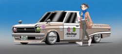 Rule 34 | 1girl, 3d, absurdres, black hair, blue eyes, blue scarf, blush, brown jacket, collaboration, green pants, grey footwear, grey shirt, hacao, hair behind ear, haow, heart, highres, jacket, license plate, looking at viewer, mixed media, motor vehicle, nissan, nissan sunny, original, pants, parted bangs, phone number, pickup truck, puma (brand), scarf, shirt, shirt tucked in, shoes, short hair, side ponytail, smile, sneakers, solo, truck, vehicle focus, walking
