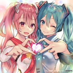 Rule 34 | 2girls, :d, ;), aqua eyes, aqua hair, character request, detached sleeves, figure story, hatsune miku, headphones, heart, heart hands, heart hands duo, multiple girls, nail polish, necktie, one eye closed, open mouth, piapro, pink hair, red eyes, shiomizu (swat), smile, twintails, vocaloid
