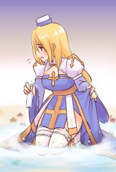 Rule 34 | 1girl, arch bishop (ragnarok online), blonde hair, blue dress, blush, bottle, breasts, cleavage cutout, clothing cutout, commentary request, cross, dated, dress, fishnet thighhighs, fishnets, frilled thighhighs, frills, full body, hair between eyes, highres, holding, holding bottle, juliet sleeves, kneeling, large breasts, long hair, long sleeves, looking afar, looking to the side, open mouth, pelvic curtain, pillbox hat, puffy sleeves, ragnarok online, sash, signature, solo, thighhighs, tomo-graphy, two-tone dress, white dress, white headwear, white thighhighs, yellow sash