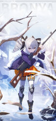 Rule 34 | 1girl, blue jacket, bow, bronya zaychik, bronya zaychik (snowy sniper), closed mouth, drill hair, grey eyes, grey hair, grey sky, hair bow, highres, holding, holding weapon, honkai (series), honkai impact 3rd, jacket, official art, outdoors, scarf, sky, sniper, snowing, solo, twin drills, weapon, winter clothes