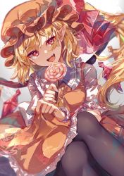 Rule 34 | 1girl, :d, adapted costume, ascot, ayatsuki sugure, black pantyhose, blonde hair, blurry, bow, candy, commentary request, crystal, depth of field, eyes visible through hair, fang, feet out of frame, flandre scarlet, food, gradient background, grey background, hair between eyes, hair bow, hat, highres, light blush, lollipop, looking at viewer, medium hair, mob cap, one side up, open mouth, orange hat, orange skirt, orange vest, pantyhose, petticoat, red bow, simple background, skin fang, skirt, smile, solo, touhou, vest, wings, yellow ascot