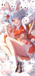 Rule 34 | 1girl, absurdres, animal ears, blue hair, braid, breasts, hair ornament, highres, hololive, japanese clothes, kimono, looking at viewer, multicolored hair, open mouth, rabbit, rabbit ears, rabbit girl, red eyes, red kimono, small breasts, smile, solo, terra bose, twin braids, two-tone hair, usada pekora, virtual youtuber, white hair