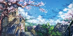 Rule 34 | architecture, balcony, blue sky, book, bookshelf, brick floor, building, c4 art, cherry blossoms, cloud, commentary, day, east asian architecture, floating island, highres, house, original, painterly, railing, rooftop, scenery, sky, town, tree