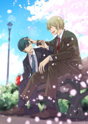 Rule 34 | 2boys, :d, absurdres, bench, black footwear, black suit, blonde hair, blue necktie, blue sky, blurry, blurry foreground, bokeh, bottle, brown footwear, brown suit, day, depth of field, doko dokosan, green hair, highres, holding, holding bottle, lamppost, laughing, long sleeves, male focus, miyasumi tatsuru, multiple boys, necktie, open mouth, outdoors, red neckie, ryman&#039;s club, shiratori mikoto (ryman&#039;s club), short hair, sitting, sky, smile, socks, suit