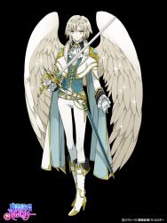 Rule 34 | 1boy, angel wings, belt, black background, boots, character request, copyright name, full body, gloves, green eyes, heterochromia, high heels, male focus, mami (apsaras), masou eishou battlestar, official art, sheath, short hair with long locks, simple background, solo, standing, sword, weapon, white gloves, wings