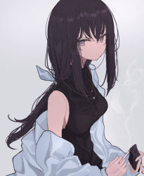 Rule 34 | 1girl, ashtray, between fingers, black hair, black shirt, breasts, cigarette, closed mouth, commentary, highres, hinomaru (futagun), holding, holding cigarette, jewelry, long hair, looking at viewer, low ponytail, medium breasts, necklace, original, ponytail, shirt, simple background, single off shoulder, smoke trail, solo, swept bangs, turtleneck, white background