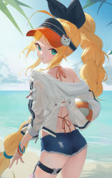Rule 34 | 1girl, absurdres, ass, ball, beach, black survival, blonde hair, blue eyes, braid, braided ponytail, cowboy shot, eternal return: black survival, hair ribbon, highres, jacket, long hair, looking at viewer, looking back, nicky blake, official alternate costume, open mouth, ribbon, short shorts, shorts, solo, takealook, very long hair, visor cap, volleyball, volleyball (object), white jacket