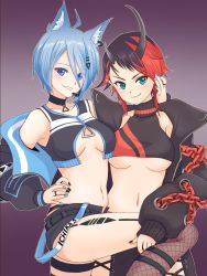 Rule 34 | 2girls, ahoge, animal ear fluff, animal ears, animare, belt, black belt, black hair, black jacket, black nails, black pants, black shorts, black sports bra, blue eyes, blue hair, blue nails, blush, breasts, chain, closed mouth, crop top, cross-laced pants, demon girl, demon horns, dog ears, ear chain, earrings, fang, fishnet legwear, fishnets, hand on another&#039;s face, hand on another&#039;s thigh, headset, highres, horns, jacket, jewelry, k waremono, kneehighs, long hair, long sleeves, looking at viewer, medium breasts, multicolored hair, multiple girls, nail polish, nanashi inc., navel, pants, pointy ears, red hair, red sports bra, ring, ryugasaki rene, ryugasaki rene (1st costume), short hair, short shorts, shorts, socks, souya ichika, souya ichika (4th costume), sports bra, sugar lyric, two-tone hair, underboob, virtual youtuber