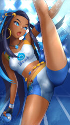 Rule 34 | 1girl, armlet, belly chain, bike shorts, black hair, blue eyes, blue hair, breasts, cameltoe, collarbone, commentary request, creatures (company), dark-skinned female, dark skin, dynamax band, earrings, game freak, gloves, hair bun, holding, holding poke ball, hoop earrings, jewelry, long hair, medium breasts, multicolored hair, necklace, nessa (pokemon), nintendo, open mouth, ououto, partially fingerless gloves, poke ball, poke ball (basic), pokemon, pokemon swsh, single hair bun, solo, split, sports bra, spread legs, standing, standing on one leg, standing split, throwing, tongue, two-tone hair