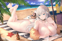 Rule 34 | 1girl, ass, bad id, bad pixiv id, bare shoulders, barefoot, beach, bikini, blanket, blue eyes, blue sky, bottle, breasts, choker, cleavage, cloud, cup, day, drink, feet, flower, food, fruit, glass, hair between eyes, hair flower, hair ornament, highres, horizon, huge ass, huge breasts, legs up, lemon, lemon slice, lemonade, limeblock, long hair, looking at viewer, lotion, lying, ocean, on stomach, original, outdoors, pale skin, palm tree, priana, sand, shore, silver hair, sky, solo, starfish, sunscreen, sweater, swimsuit, table, the pose, thick thighs, thighs, towel, tree, white bikini, yellow sweater