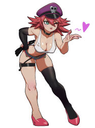 Rule 34 | 1girl, bent over, big hair, black gloves, black thighhighs, blowing kiss, breasts, choker, cleavage, collarbone, elbow gloves, full body, gloves, green eyes, hat, highres, large breasts, lips, medium breasts, one eye closed, peaked cap, pink footwear, pink hair, pink nails, poison (final fight), purple hat, short hair, simple background, sincostan0148, single elbow glove, single thighhigh, smile, solo, standing, street fighter, street fighter v, tank top, thighhighs, toned, whip, white background, white tank top