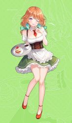 Rule 34 | 1girl, apron, artist name, blue bow, blush, bow, breasts, cleavage, coffee, collar, cup, detached collar, food, frilled apron, frilled skirt, frills, fruit, full body, green skirt, hair bow, highres, hitsukuya, holding, holding tray, hololive, hololive english, medium breasts, necktie, off-shoulder shirt, off shoulder, one eye closed, orange hair, parted lips, plate, puffy short sleeves, puffy sleeves, purple eyes, red footwear, red necktie, saucer, shirt, shoes, short necktie, short sleeves, skirt, smile, solo, standing, standing on one leg, strawberry, takanashi kiara, tray, virtual youtuber, waist apron, white apron, white collar, white shirt, wing collar, zoom layer