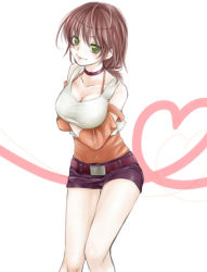 Rule 34 | 10s, 1girl, artist request, belt, breasts, brown hair, cardfight!! vanguard, choker, cleavage, collar, crossed arms, female focus, green eyes, heart, looking at viewer, lowres, ponytail, short hair, short shorts, shorts, skirt, smile, solo, tank top, usui yuri, white background