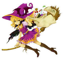 Rule 34 | 1girl, bag, bamboo broom, bat (animal), belt, blonde hair, book, boots, bow, braid, broom, candy, candy cane, cookie, cross-laced footwear, dress, female focus, flask, food, full body, ghost, grin, hair bow, halloween, hat, hexagram, high heels, jack-o&#039;-lantern, kirisame marisa, knee boots, long hair, looking at viewer, ozawa, parted lips, potion, puffy sleeves, riding, shoes, short sleeves, simple background, smile, solo, star (symbol), teeth, touhou, white background, witch, witch hat, yellow eyes