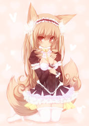 Rule 34 | 1girl, animal ears, bad id, bad pixiv id, between breasts, breasts, brown hair, fox ears, fox tail, frills, hairband, heart, highres, kneeling, lolita fashion, long hair, multiple tails, original, ringlets, shugami, small breasts, solo, tail, thighhighs, very long hair, white thighhighs, zettai ryouiki