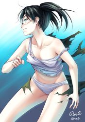 Rule 34 | 1girl, amasawa yuuko, black hair, breasts, collarbone, commentary, dennou coil, gradient background, green eyes, groin, looking away, navel, noise (tsuzuki), panties, profile, shirt, signature, simple background, small breasts, solo, strap slip, tank top, torn clothes, twintails, twitter username, underwear, visor, white panties, white shirt