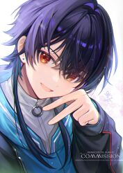 Rule 34 | 1boy, bishounen, black hair, black jacket, blue vest, commission, earrings, highres, jacket, jewelry, male focus, multicolored background, multicolored hair, nixtutyannh, o-ring, open mouth, original, piercing, pink background, purple hair, red eyes, shirt, short hair with long locks, smile, stud earrings, vest, virtual youtuber, white background, white shirt
