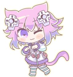 Rule 34 | 1girl, animal ears, breasts, cat, cat ears, cat tail, choker, d-pad, d-pad hair ornament, hair ornament, hairclip, hood, hoodie, kitten, mi3li, neptune (neptunia), neptune (series), one eye closed, parka, purple eyes, purple hair, short hair, small breasts, smile, striped clothes, striped thighhighs, tail, thighhighs, thighs, wink