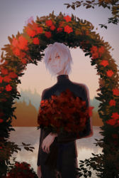 Rule 34 | 1boy, alternate costume, ane am, antonio salieri (fate), antonio salieri (second ascension) (fate), arch, blood, blood on face, bouquet, expressionless, fate/grand order, fate (series), film grain, flower, hair between eyes, hair intakes, half updo, highres, holding, holding bouquet, jewelry, lake, leaf, long sleeves, looking at viewer, male focus, outdoors, red eyes, red flower, ring, standing, turtleneck, water