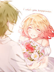 Rule 34 | 1boy, 1girl, ^ ^, absurdres, blonde hair, blush, bob cut, bouquet, cathy (satsuriku no tenshi), closed eyes, couple, danny (satsuriku no tenshi), dress, english text, facing another, facing away, flower, glasses, gradient hair, green hair, grin, hair between eyes, happy, hetero, highres, holding, holding bouquet, leaf, lily (flower), multicolored hair, pink flower, pink hair, pink lips, puffy short sleeves, puffy sleeves, qianlilingjiang, red flower, red rose, rose, satsuriku no tenshi, shirt, short hair, short sleeves, simple background, smile, spaghetti strap, upper body, wavy hair, white background, white dress, white flower, white shirt