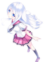 Rule 34 | 1girl, aldehyde, bad id, bad pixiv id, blue eyes, blush, from above, kneehighs, loafers, long hair, looking at viewer, looking up, original, school uniform, shoes, silver hair, simple background, skirt, socks, solo, standing, white background